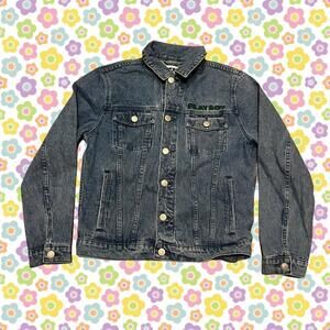 PacSun X Playboy Men's Blue Jean Jacket with green embroidered logo